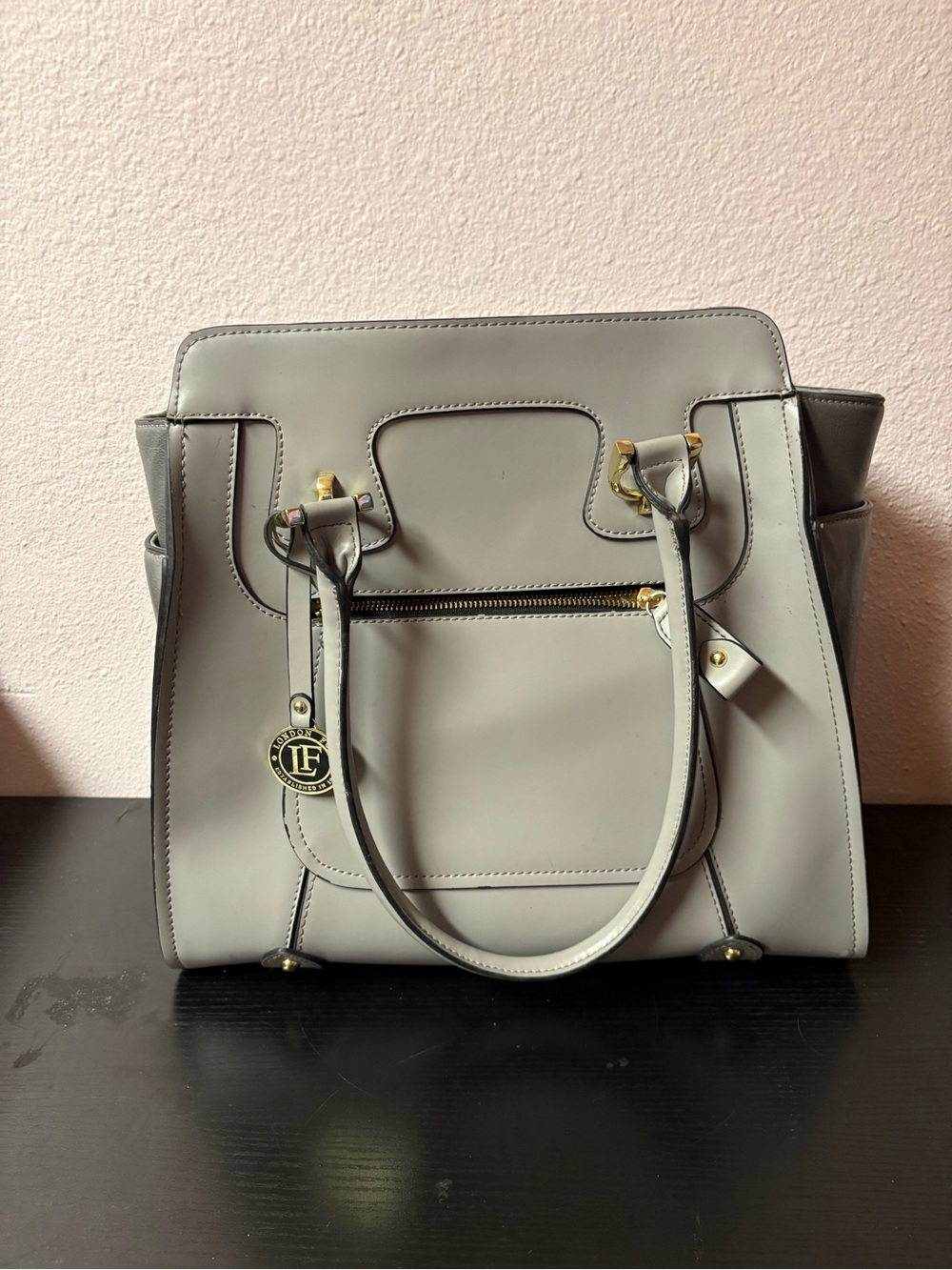 London Fog Gray Structured Faux Leather Satchel Tote Shoulder Bag